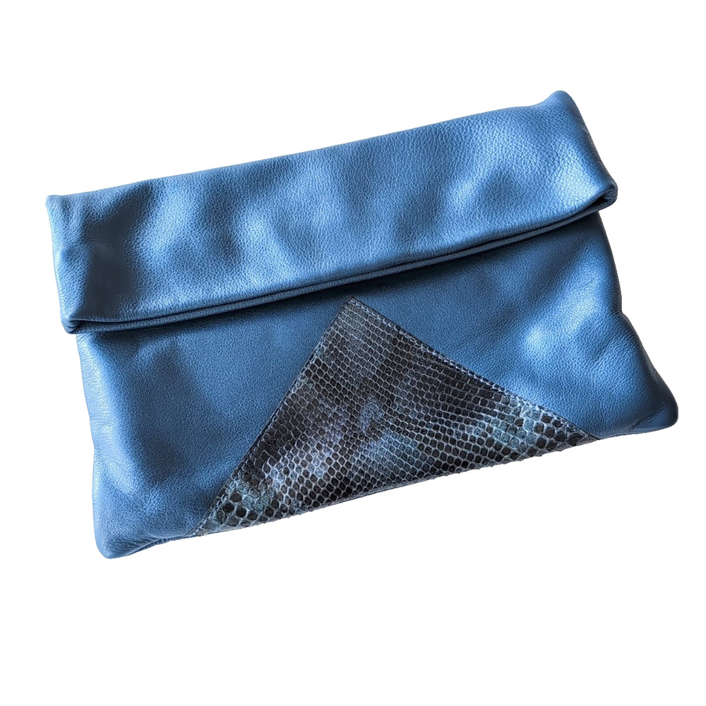 Candy Woolley Blue Leather Snakeskin Designer Clutch Bag Magnetic Closure